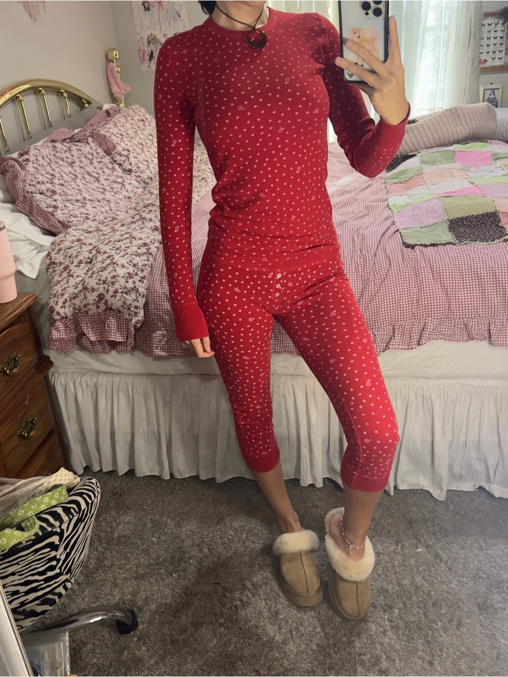 Y2K Victorias Secret Pink Red Heart-Print Long Sleeve Thermal Pajama Set